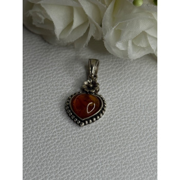 925 Sterling Silver Amber Heart & Flower Pendant Length 1.15 Inch