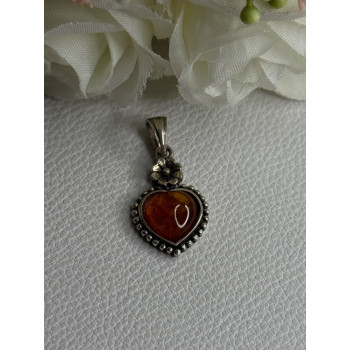 925 Sterling Silver Amber Heart & Flower Pendant Length 1.15 Inch