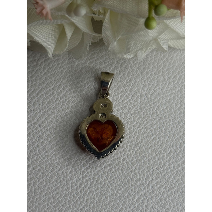 925 Sterling Silver Amber Heart & Flower Pendant Length 1.15 Inch