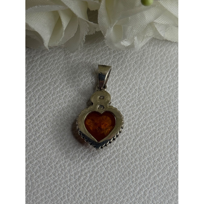 925 Sterling Silver Amber Heart & Flower Pendant Length 1.15 Inch