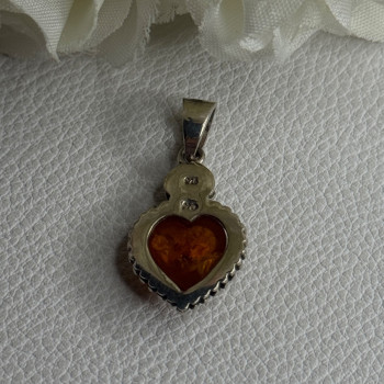 925 Sterling Silver Amber Heart & Flower Pendant Length 1.15 Inch