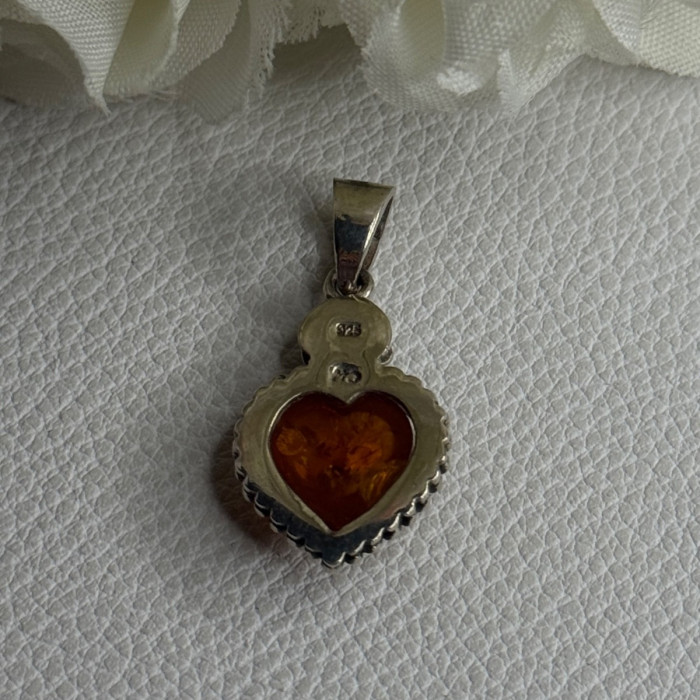 925 Sterling Silver Amber Heart & Flower Pendant Length 1.15 Inch