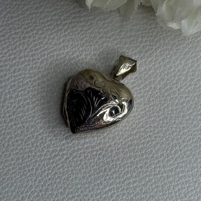Retro 925 Sterling Silver Etched Heart Locket Pendant Length 1.20 Inch
