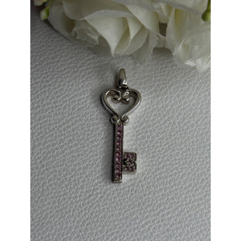 925 Sterling Silver Pink Topaz Key Heart Pendant Length 1.60 Inch