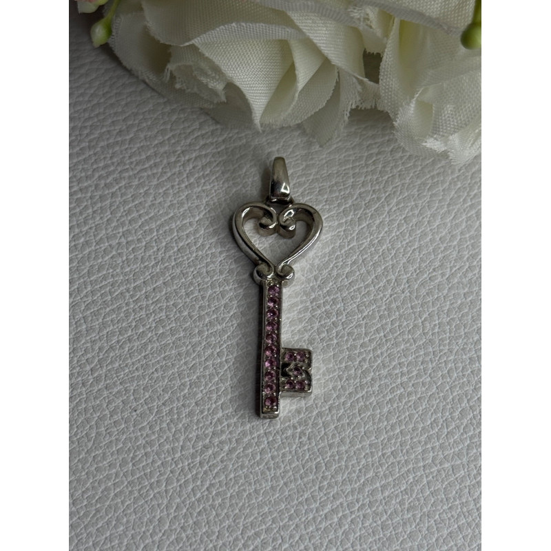 925 Sterling Silver Pink Topaz Key Heart Pendant Length 1.60 Inch