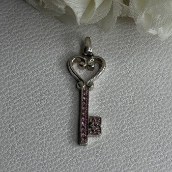925 Sterling Silver Pink Topaz Key Heart Pendant Length 1.60 Inch