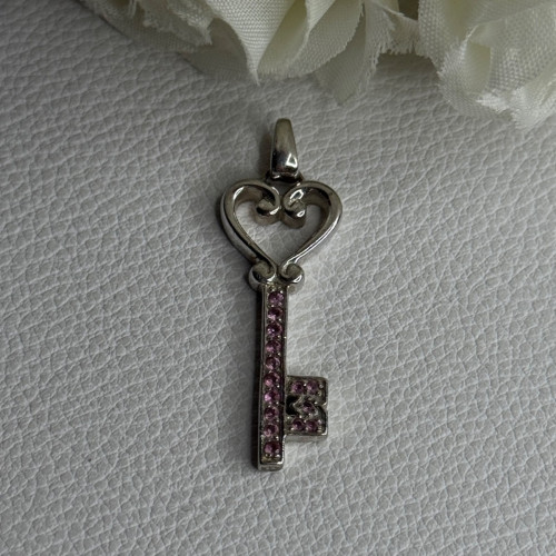 925 Sterling Silver Pink Topaz Key Heart Pendant Length 1.60 Inch