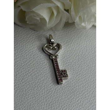 925 Sterling Silver Pink Topaz Key Heart Pendant Length 1.60 Inch