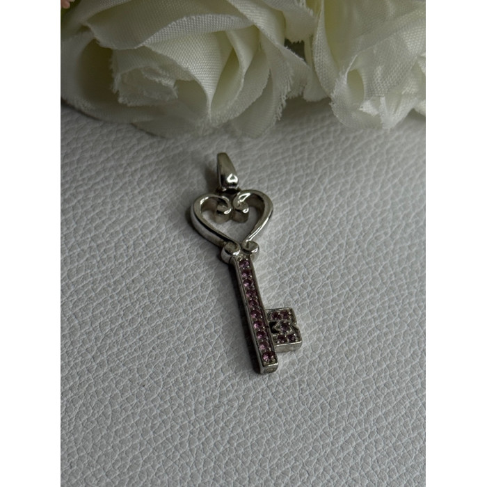 925 Sterling Silver Pink Topaz Key Heart Pendant Length 1.60 Inch