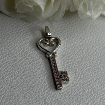 925 Sterling Silver Pink Topaz Key Heart Pendant Length 1.60 Inch