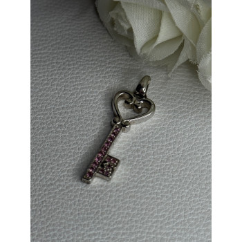 925 Sterling Silver Pink Topaz Key Heart Pendant Length 1.60 Inch