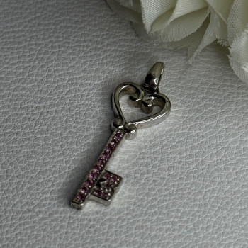 925 Sterling Silver Pink Topaz Key Heart Pendant Length 1.60 Inch