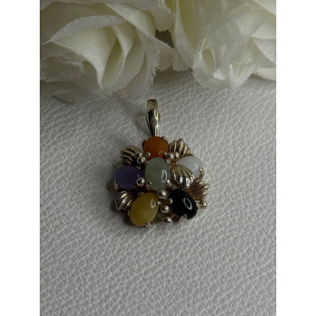 925 Sterling Silver Multi Color Jade Pendant Length 1.20 Inch