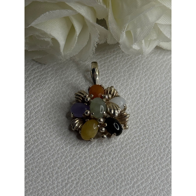 925 Sterling Silver Multi Color Jade Pendant Length 1.20 Inch