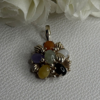 925 Sterling Silver Multi Color Jade Pendant Length 1.20 Inch