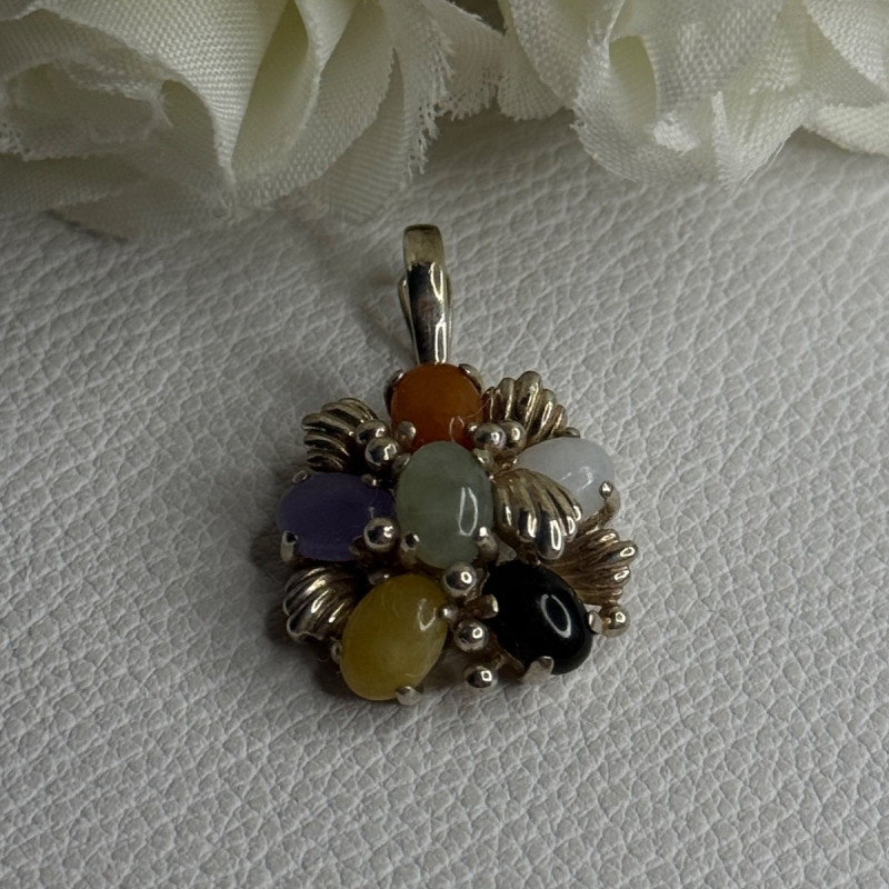 925 Sterling Silver Multi Color Jade Pendant Length 1.20 Inch