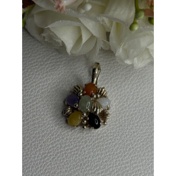 925 Sterling Silver Multi Color Jade Pendant Length 1.20 Inch