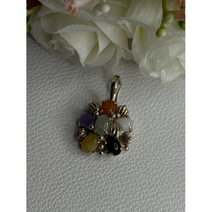 925 Sterling Silver Multi Color Jade Pendant Length 1.20 Inch