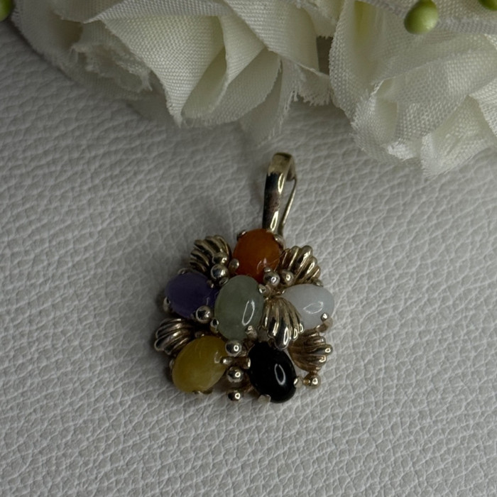925 Sterling Silver Multi Color Jade Pendant Length 1.20 Inch