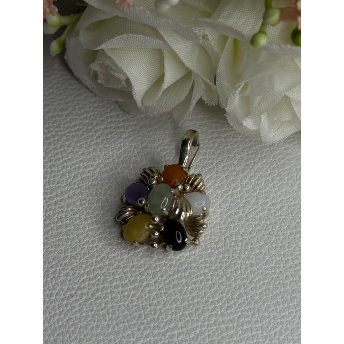 925 Sterling Silver Multi Color Jade Pendant Length 1.20 Inch