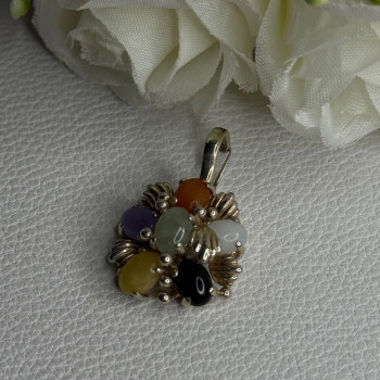925 Sterling Silver Multi Color Jade Pendant Length 1.20 Inch