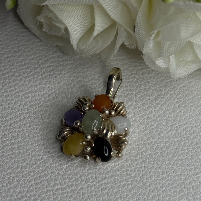 925 Sterling Silver Multi Color Jade Pendant Length 1.20 Inch