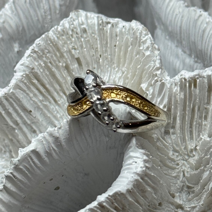 925 Sterling Silver Gold Plated Part White Beryl Ring Size 6.5