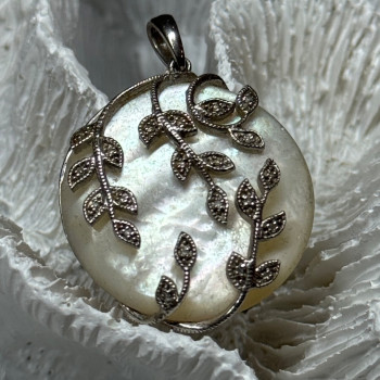 925 Sterling Silver Abalone & Marcasite Pendant Length 1.4 In