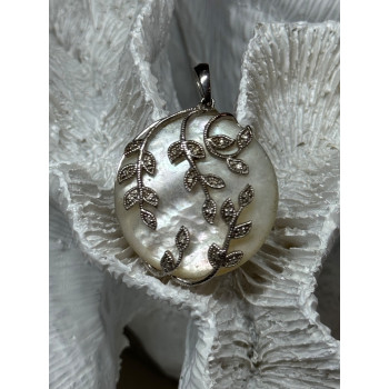 925 Sterling Silver Abalone & Marcasite Pendant Length 1.4 In