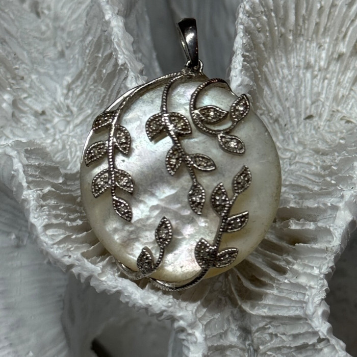 925 Sterling Silver Abalone & Marcasite Pendant Length 1.4 In