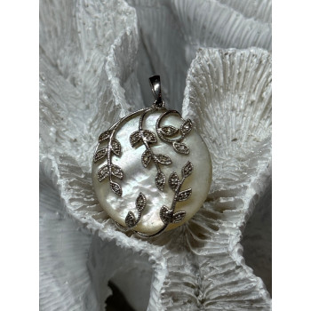 925 Sterling Silver Abalone & Marcasite Pendant Length 1.4 In