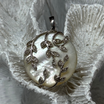 925 Sterling Silver Abalone & Marcasite Pendant Length 1.4 In