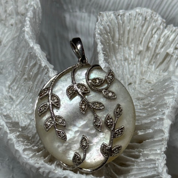 925 Sterling Silver Abalone & Marcasite Pendant Length 1.4 In