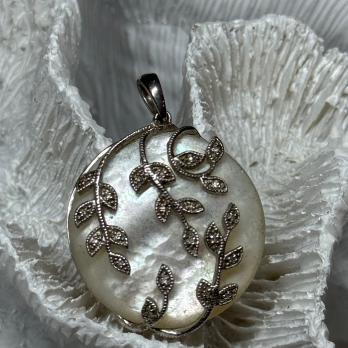925 Sterling Silver Abalone & Marcasite Pendant Length 1.4 In
