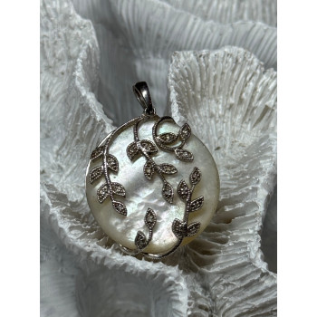 925 Sterling Silver Abalone & Marcasite Pendant Length 1.4 In