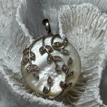 925 Sterling Silver Abalone & Marcasite Pendant Length 1.4 In