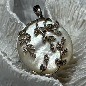 925 Sterling Silver Abalone & Marcasite Pendant Length 1.4 In