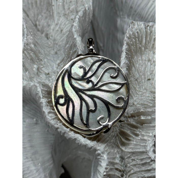 925 Sterling Silver Abalone & Marcasite Pendant Length 1.4 In