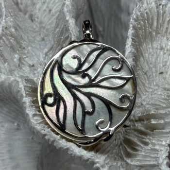 925 Sterling Silver Abalone & Marcasite Pendant Length 1.4 In
