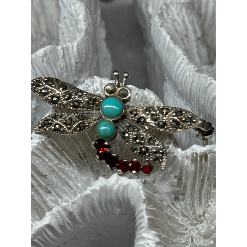 925 STERLING SILVER DRAGONFLY BROOCH TURQUOISE & GARNET LENGTH 1.7 in