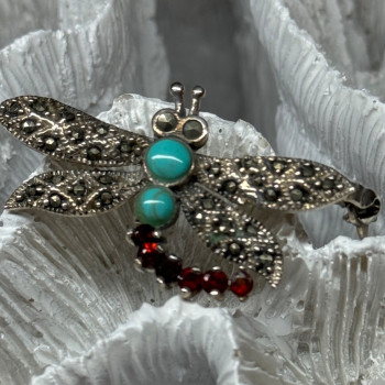 925 Sterling Silver Dragonfly Brooch Turquoise & Garnet Length 1.7 in