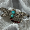 925 Sterling Silver Dragonfly Brooch Turquoise & Garnet Length 1.7 in