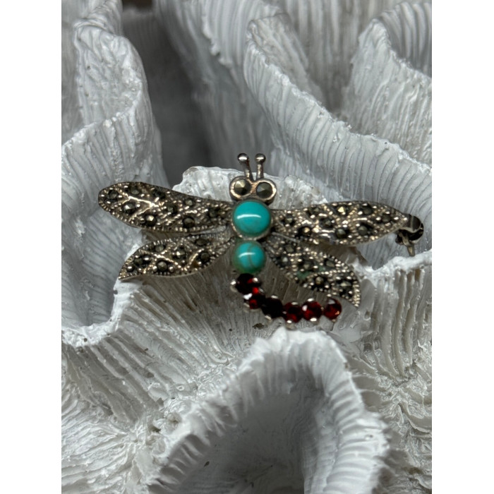 925 STERLING SILVER DRAGONFLY BROOCH TURQUOISE & GARNET LENGTH 1.7 in