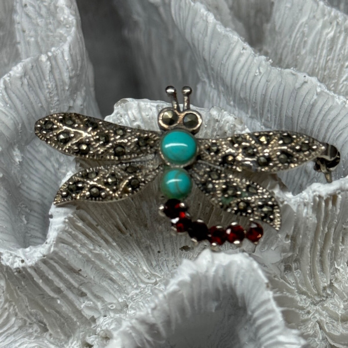 925 Sterling Silver Dragonfly Brooch Turquoise & Garnet Length 1.7 in