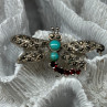925 Sterling Silver Dragonfly Brooch Turquoise & Garnet Length 1.7 in