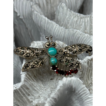 925 STERLING SILVER DRAGONFLY BROOCH TURQUOISE & GARNET LENGTH 1.7 in