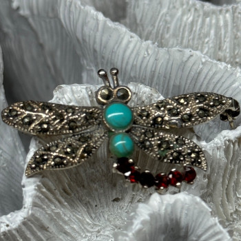 925 Sterling Silver Dragonfly Brooch Turquoise & Garnet Length 1.7 in