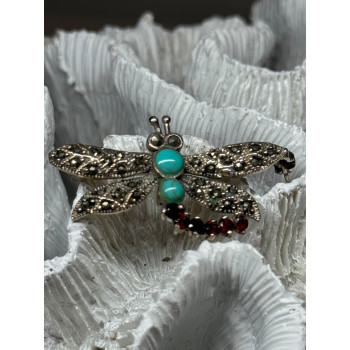 925 STERLING SILVER DRAGONFLY BROOCH TURQUOISE & GARNET LENGTH 1.7 in