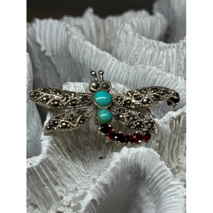 925 STERLING SILVER DRAGONFLY BROOCH TURQUOISE & GARNET LENGTH 1.7 in