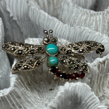 925 Sterling Silver Dragonfly Brooch Turquoise & Garnet Length 1.7 in